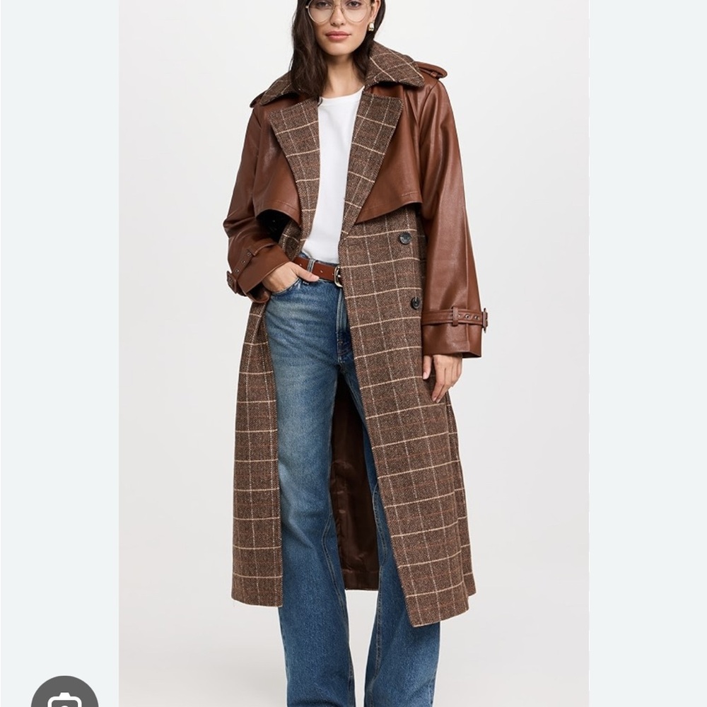 Wool-Blend Brown Trench Coat with Faux Leather Overlay - Picture 7 of 8